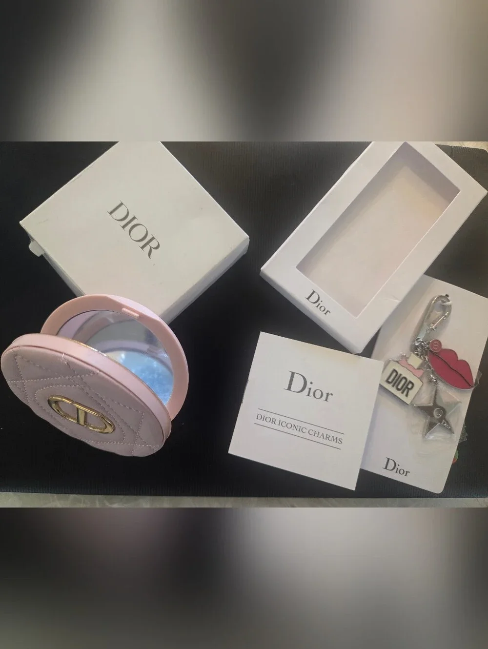 Dior Pink Quilted Leather Compact with Lip, Star & Dior Bag Charm Keychain
